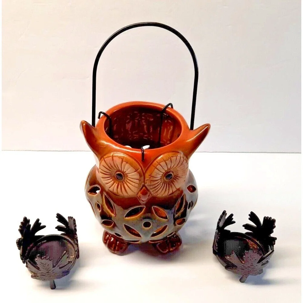 Rite Aid Home Owl Tealight Lantern & Metal Leaf Candle Holders Set Brown Orange